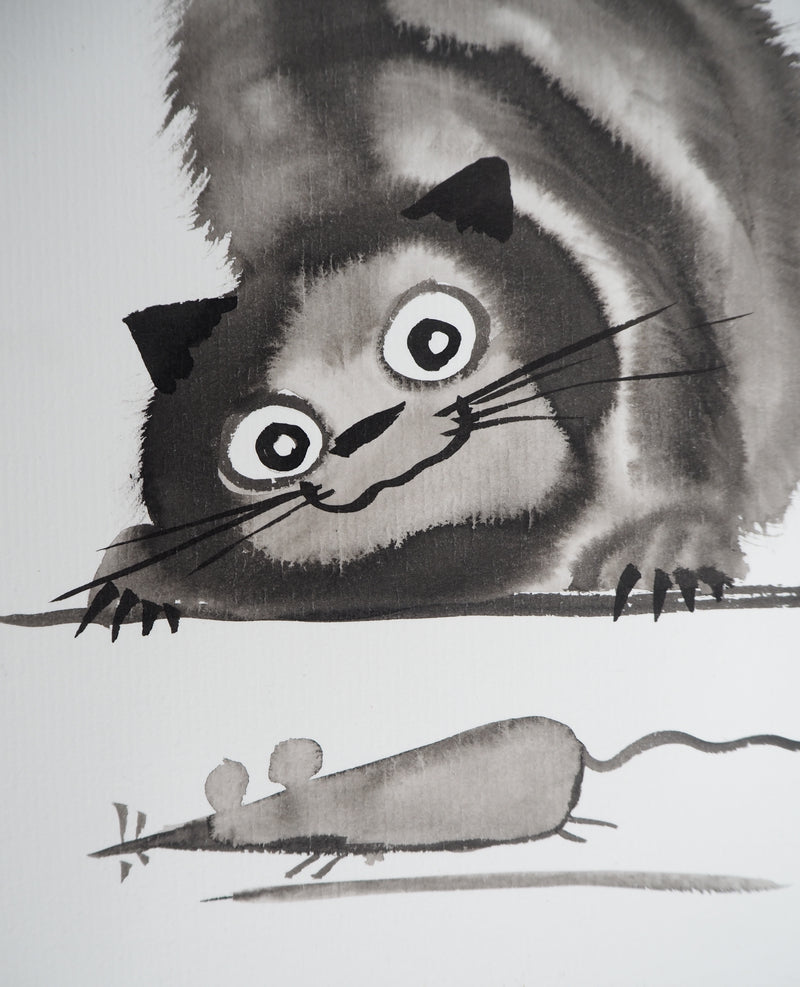 Laszlo TIBAY : Jeu du chat et de la souris, Dessin original à l&