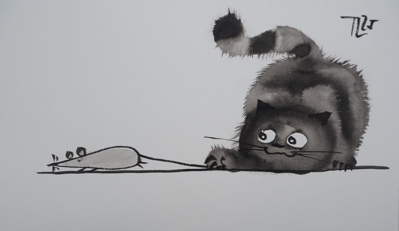 Laszlo TIBAY : Le chat jouant avec la souris, Dessin original à l&