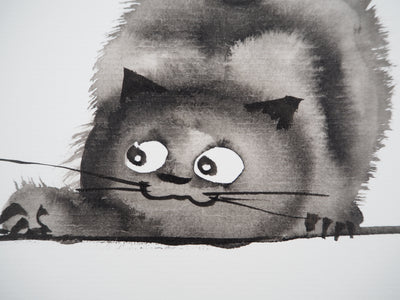 Laszlo TIBAY : Le chat jouant avec la souris, Dessin original à l'encre signé