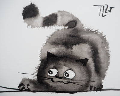 Laszlo TIBAY : Le chat jouant avec la souris, Dessin original à l'encre signé