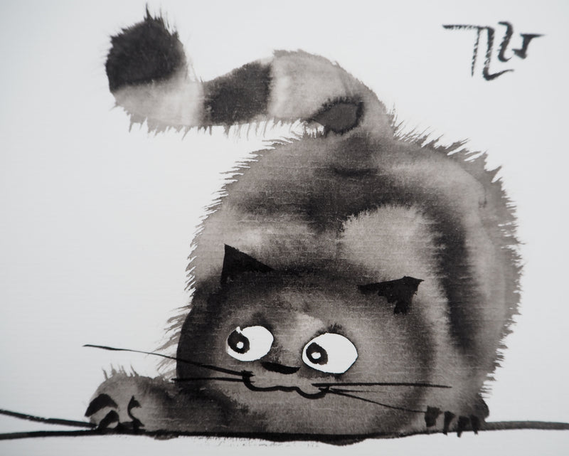 Laszlo TIBAY : Le chat jouant avec la souris, Dessin original à l&