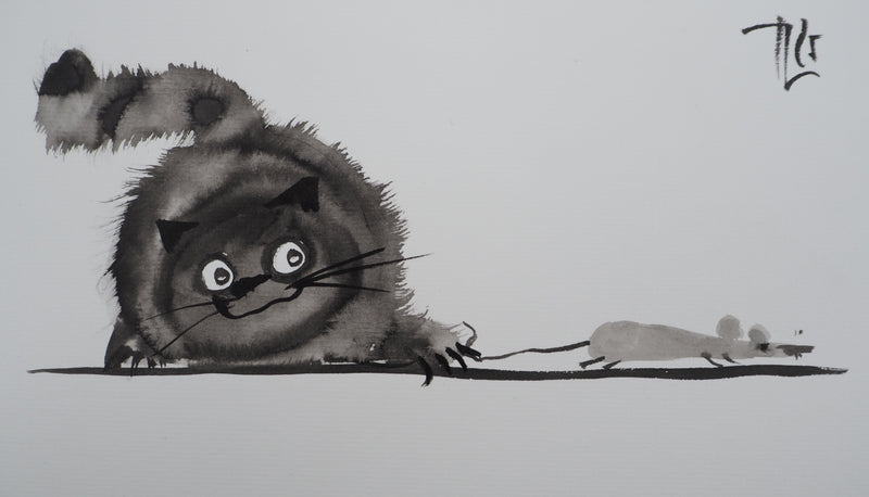 Laszlo TIBAY : Le chat tenant la souris, Dessin original à l&