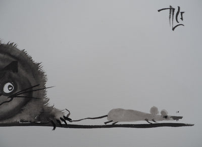 Laszlo TIBAY : Le chat tenant la souris, Dessin original à l'encre signé