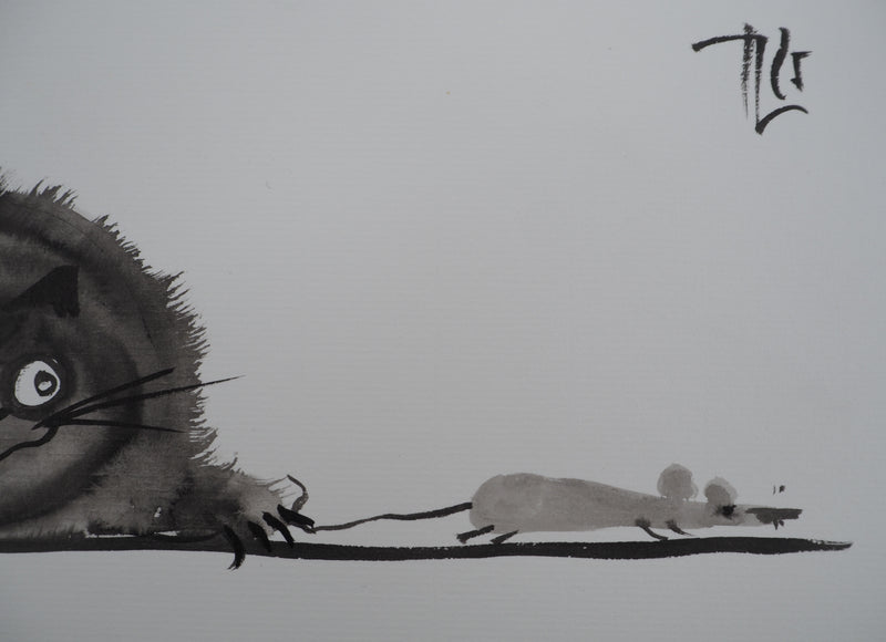 Laszlo TIBAY : Le chat tenant la souris, Dessin original à l&