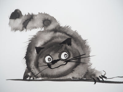 Laszlo TIBAY : Le chat tenant la souris, Dessin original à l'encre signé