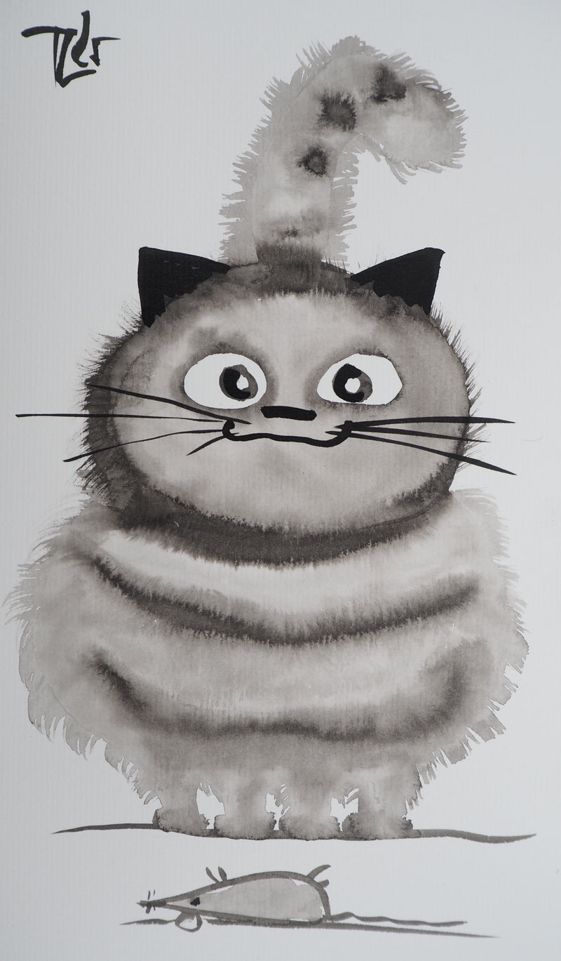 Laszlo TIBAY : Regard du chat sur la souris, Dessin original à l&