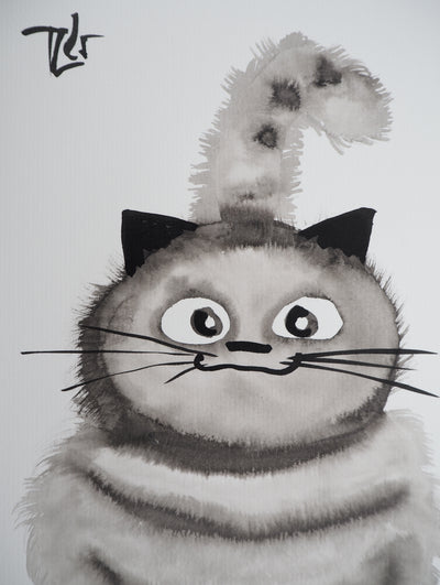 Laszlo TIBAY : Regard du chat sur la souris, Dessin original à l'encre signé