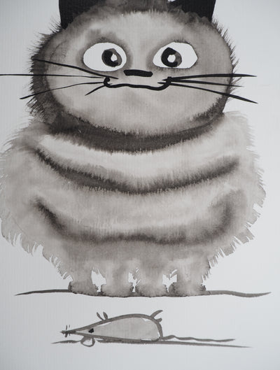 Laszlo TIBAY : Regard du chat sur la souris, Dessin original à l'encre signé
