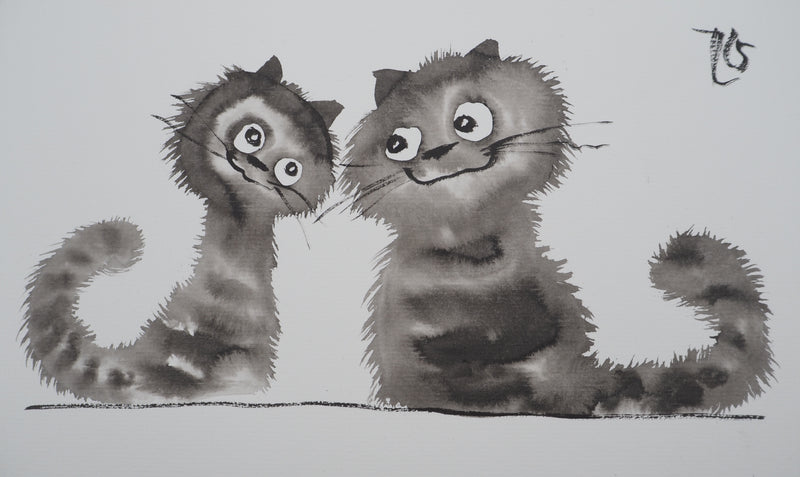 Laszlo TIBAY : Regard complice des frères chatons, Dessin original à l&