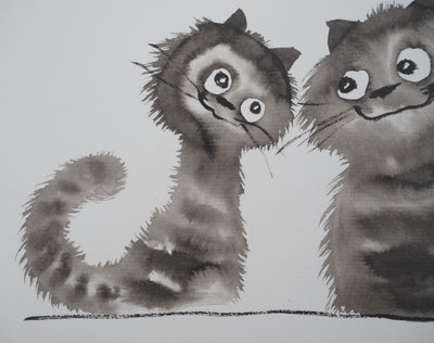 Laszlo TIBAY : Regard complice des frères chatons, Dessin original à l'encre signé