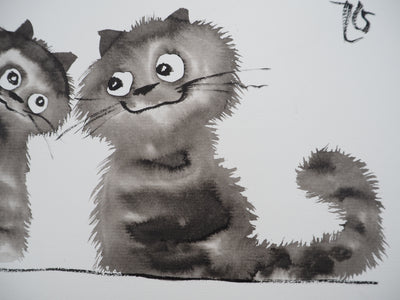 Laszlo TIBAY : Regard complice des frères chatons, Dessin original à l'encre signé