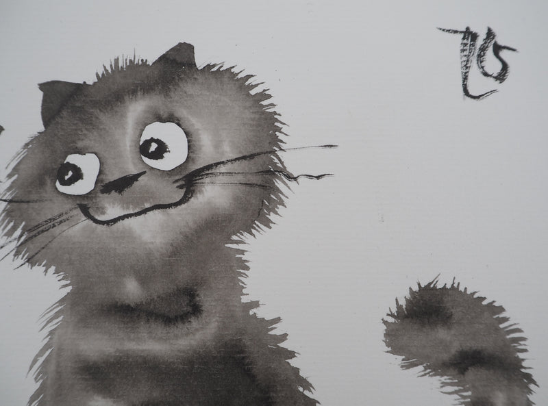 Laszlo TIBAY : Regard complice des frères chatons, Dessin original à l&