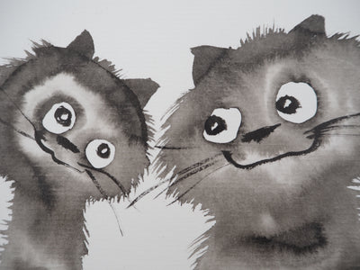 Laszlo TIBAY : Regard complice des frères chatons, Dessin original à l'encre signé