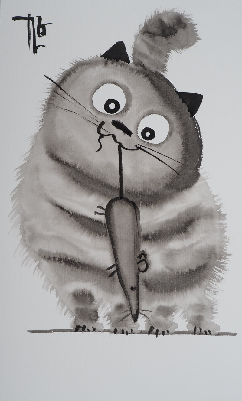 Laszlo TIBAY : Le chat a pris la souris, Dessin original à l&
