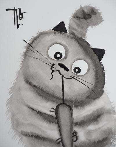 Laszlo TIBAY : Le chat a pris la souris, Dessin original à l'encre signé