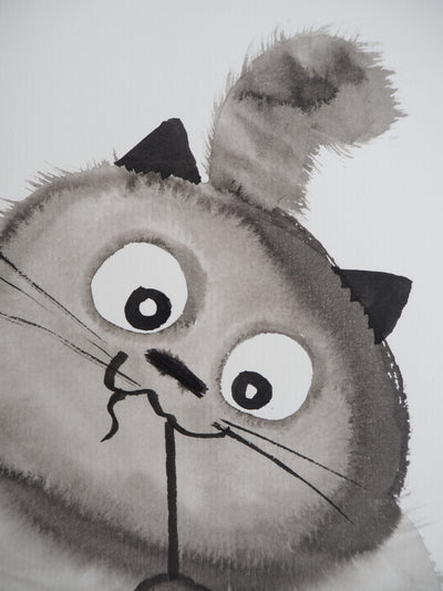 Laszlo TIBAY : Le chat a pris la souris, Dessin original à l'encre signé