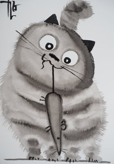 Laszlo TIBAY : Le chat a pris la souris, Dessin original à l'encre signé