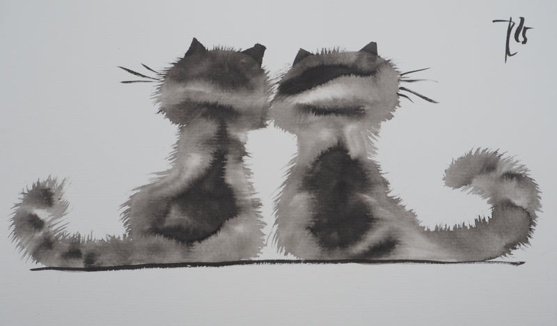 Laszlo TIBAY : Dos des deux chats complices, Dessin original à l&