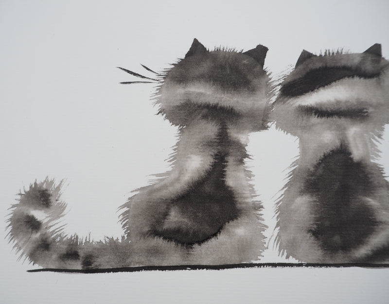 Laszlo TIBAY : Dos des deux chats complices, Dessin original à l&