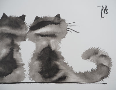 Laszlo TIBAY : Dos des deux chats complices, Dessin original à l'encre signé