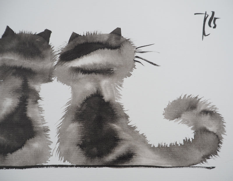 Laszlo TIBAY : Dos des deux chats complices, Dessin original à l&