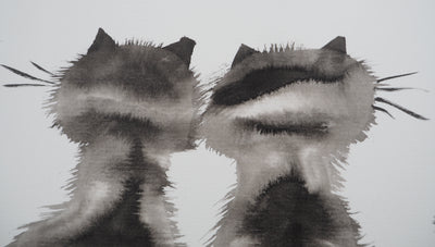 Laszlo TIBAY : Dos des deux chats complices, Dessin original à l'encre signé