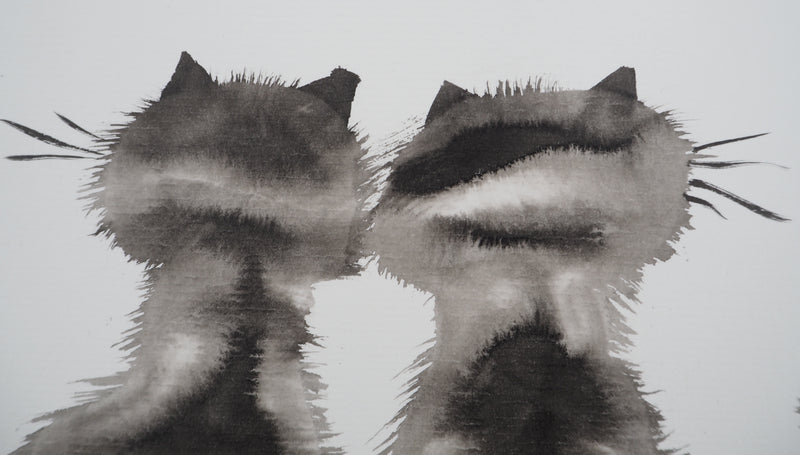 Laszlo TIBAY : Dos des deux chats complices, Dessin original à l&