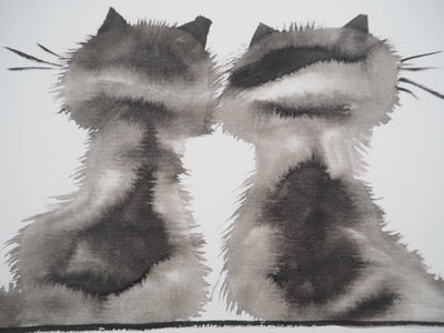 Laszlo TIBAY : Dos des deux chats complices, Dessin original à l'encre signé