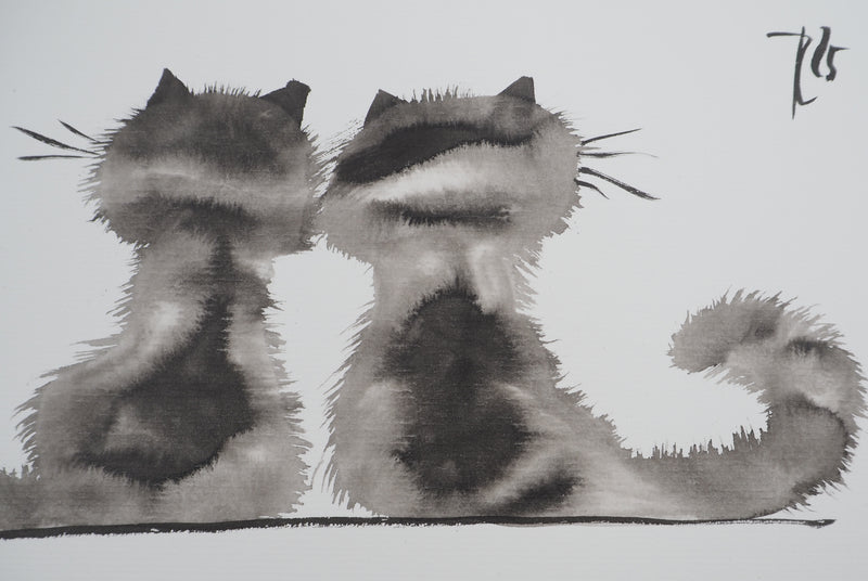 Laszlo TIBAY : Dos des deux chats complices, Dessin original à l&
