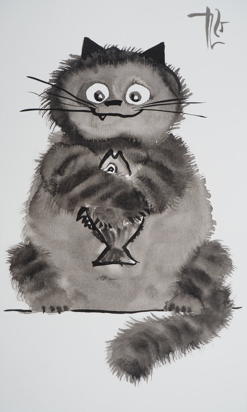 Laszlo TIBAY : Faim du chat tenant le poisson, Dessin original à l&