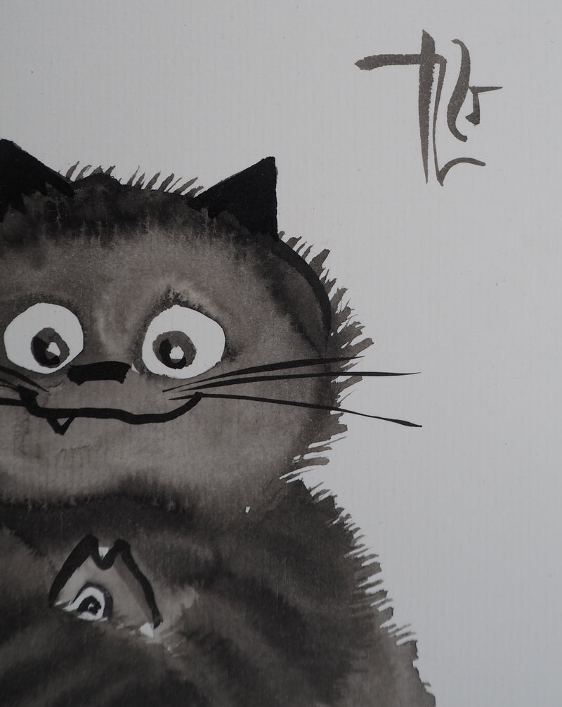 Laszlo TIBAY : Faim du chat tenant le poisson, Dessin original à l&