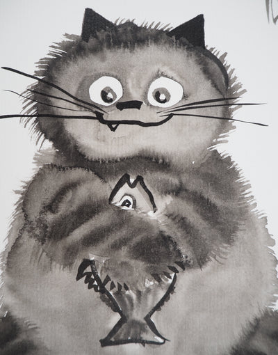 Laszlo TIBAY : Faim du chat tenant le poisson, Dessin original à l'encre signé