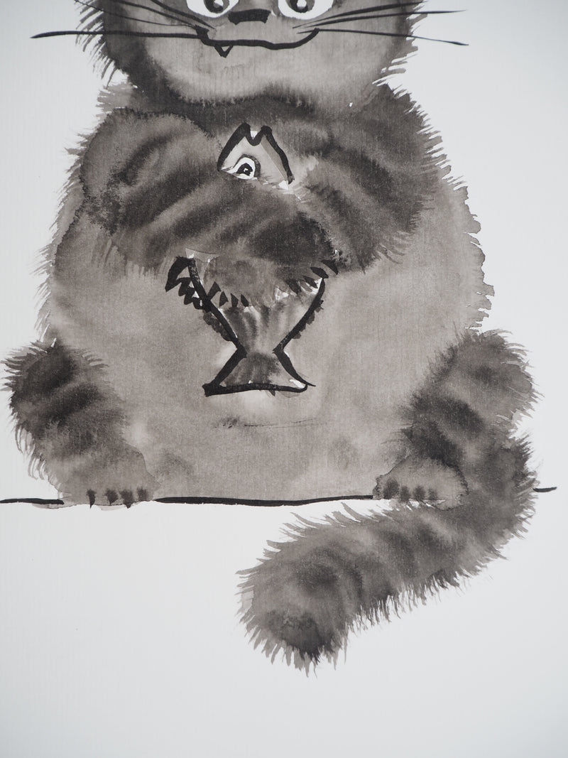 Laszlo TIBAY : Faim du chat tenant le poisson, Dessin original à l&