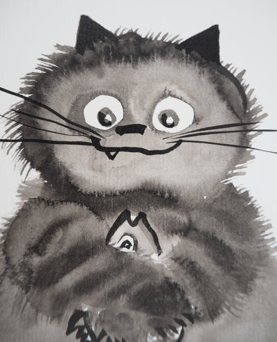 Laszlo TIBAY : Faim du chat tenant le poisson, Dessin original à l'encre signé