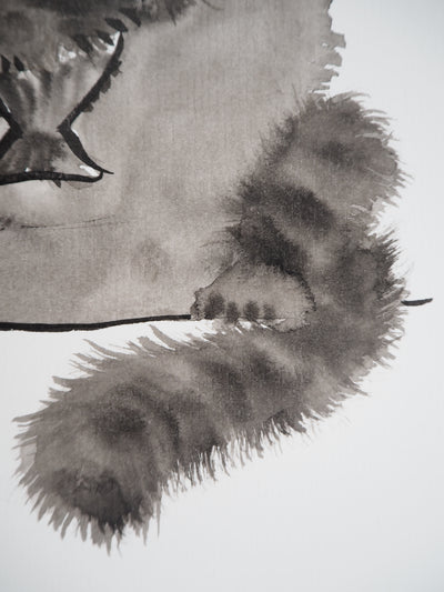 Laszlo TIBAY : Faim du chat tenant le poisson, Dessin original à l'encre signé