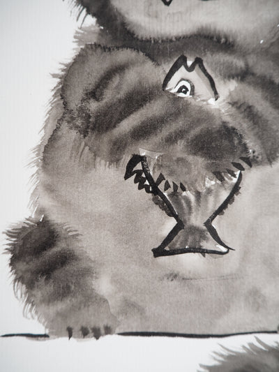 Laszlo TIBAY : Faim du chat tenant le poisson, Dessin original à l'encre signé