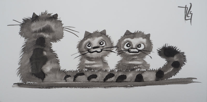 Laszlo TIBAY : Le chat couve ses deux chatons, Dessin original à l&