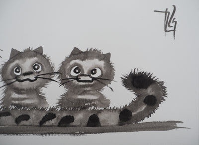 Laszlo TIBAY : Le chat couve ses deux chatons, Dessin original à l'encre signé