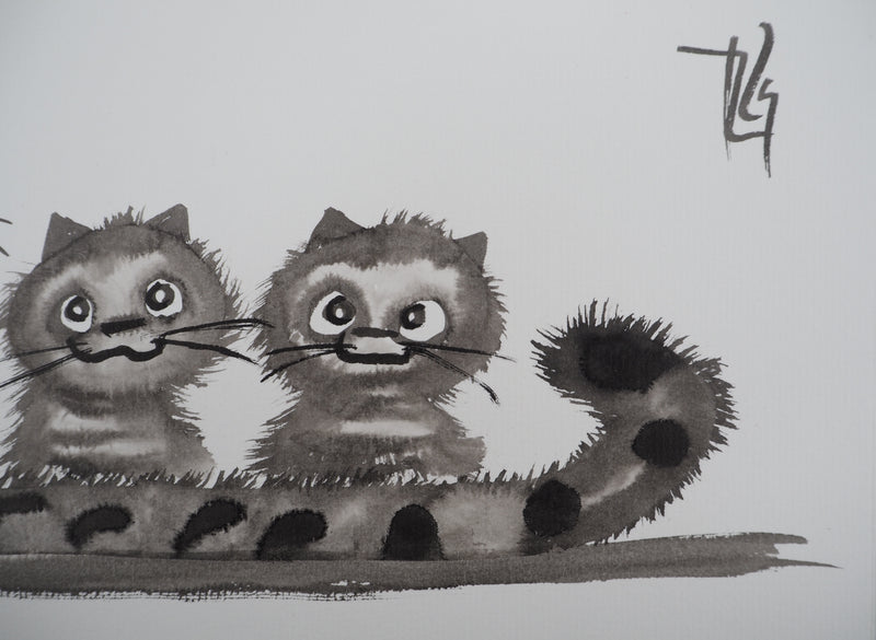 Laszlo TIBAY : Le chat couve ses deux chatons, Dessin original à l&