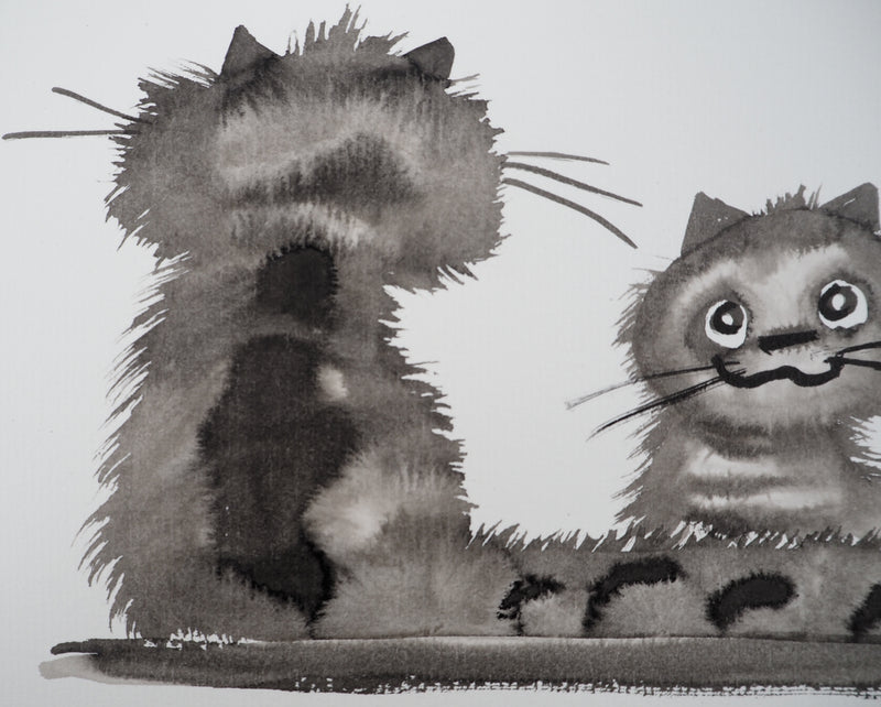 Laszlo TIBAY : Le chat couve ses deux chatons, Dessin original à l&