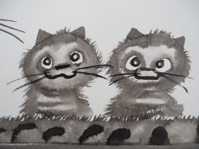 Laszlo TIBAY : Le chat couve ses deux chatons, Dessin original à l'encre signé