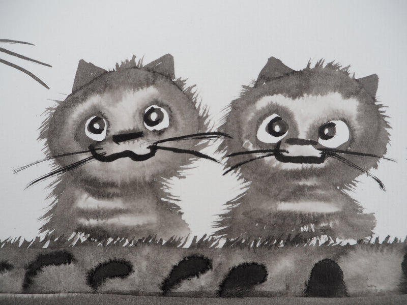 Laszlo TIBAY : Le chat couve ses deux chatons, Dessin original à l&