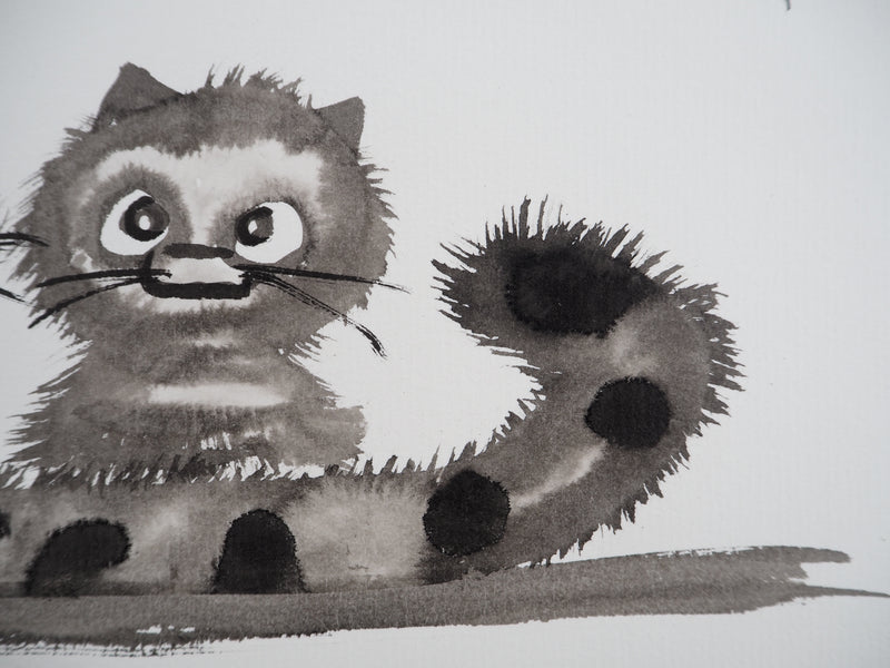 Laszlo TIBAY : Le chat couve ses deux chatons, Dessin original à l&