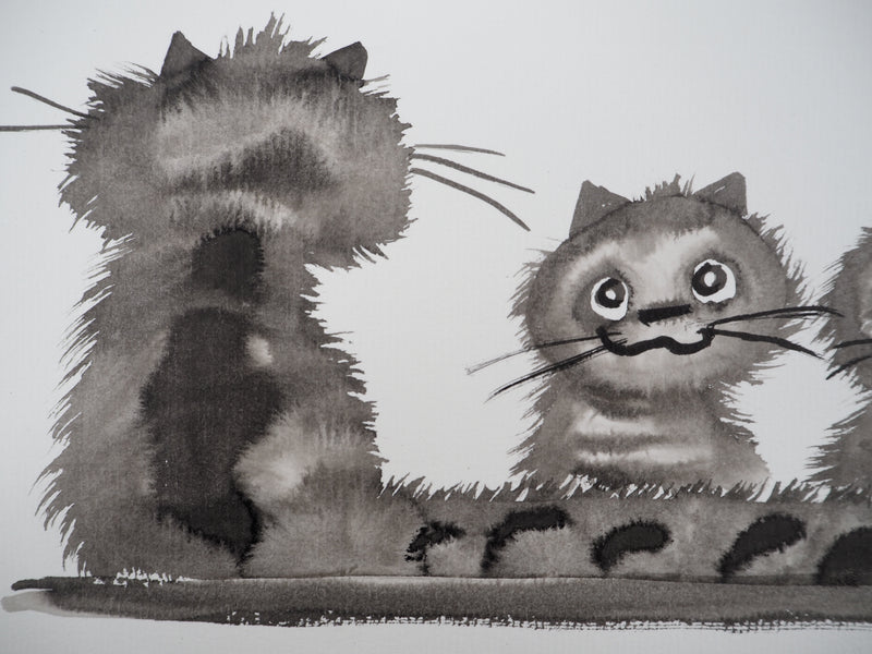 Laszlo TIBAY : Le chat couve ses deux chatons, Dessin original à l&