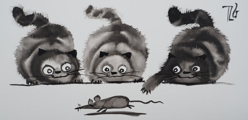 Laszlo TIBAY : Trois chats jouant avec la souris, Dessin original à l&