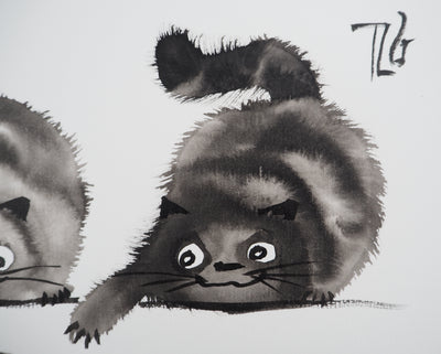 Laszlo TIBAY : Trois chats jouant avec la souris, Dessin original à l'encre signé