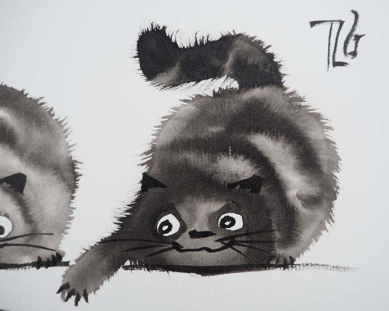Laszlo TIBAY : Trois chats jouant avec la souris, Dessin original à l&
