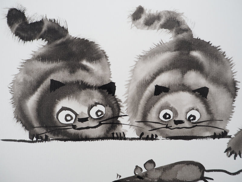 Laszlo TIBAY : Trois chats jouant avec la souris, Dessin original à l&