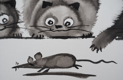 Laszlo TIBAY : Trois chats jouant avec la souris, Dessin original à l'encre signé