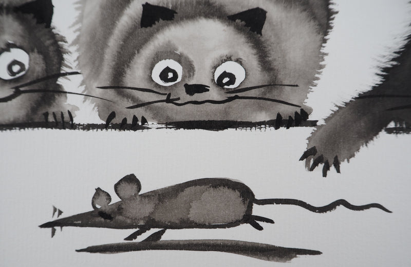 Laszlo TIBAY : Trois chats jouant avec la souris, Dessin original à l&